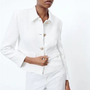 Zara white cropped jacket with gold buttons